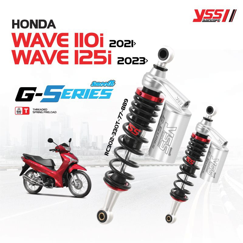 Shock YSS G-Series Honda Wave110i'21/Wave125i'23 Black/Silver Rc302-330T-77-889